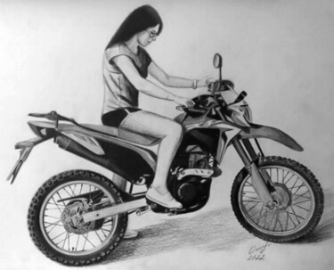 Drawing titled "Мотоциклистка" by Vladimir Oshmarin, Original Artwork, Pencil