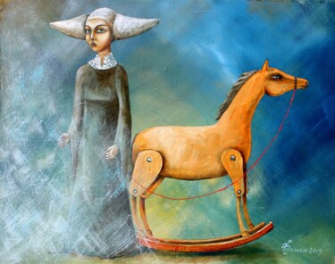 Malerei mit dem Titel "wooden horse" von Vladimir Pronkin, Original-Kunstwerk, Öl