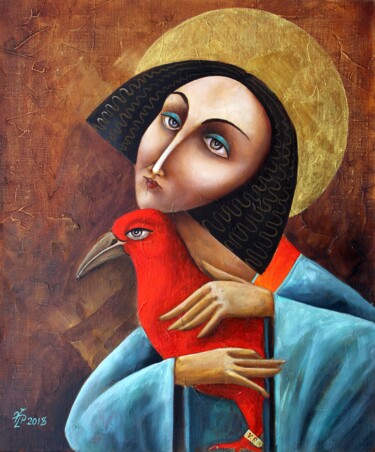 Painting titled "woman with red bird" by Vladimir Pronkin, Original Artwork, Oil