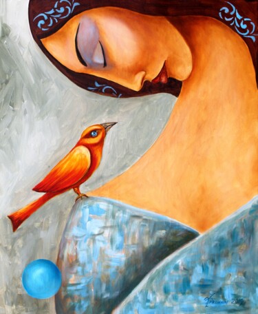 Peinture intitulée "Девушка и птица" par Vladimir Pronkin, Œuvre d'art originale, Huile
