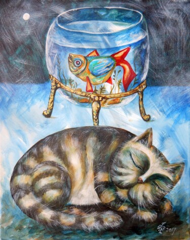 Картина под названием "dreamy cat" - Vladimir Pronkin, Подлинное произведение искусства, Масло