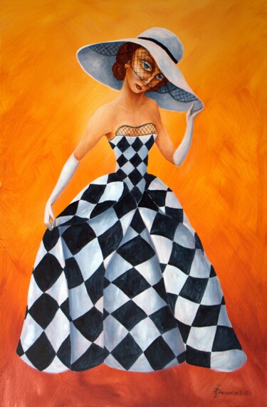 Картина под названием "дама в клетчатом пл…" - Vladimir Pronkin, Подлинное произведение искусства, Масло