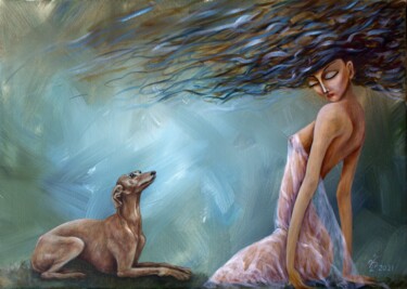 Картина под названием "LADY&HOUND EVENING" - Vladimir Pronkin, Подлинное произведение искусства, Масло