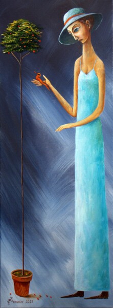 Картина под названием "ДЕВУШКА С КРАСНОЙ П…" - Vladimir Pronkin, Подлинное произведение искусства, Масло