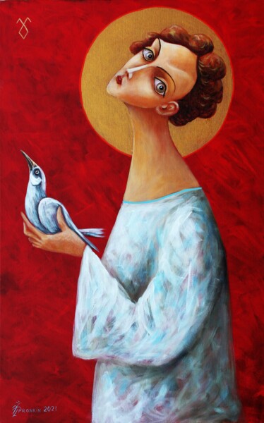 Pittura intitolato "VIRGO WITH A BIRD" da Vladimir Pronkin, Opera d'arte originale, Olio