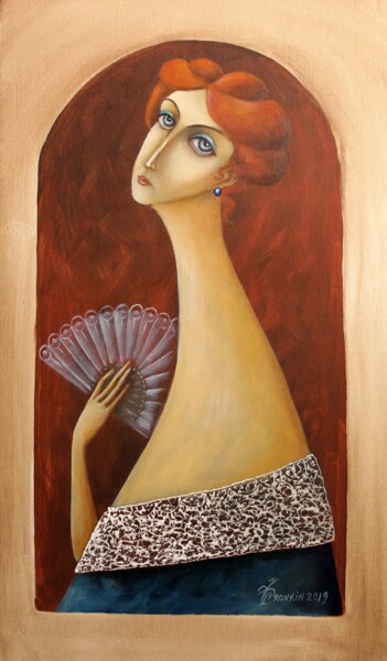 Painting titled "LADY with FAN" by Vladimir Pronkin, Original Artwork, Oil