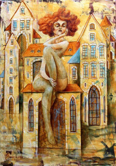 Painting titled "TOWN ANGEL" by Vladimir Pronkin, Original Artwork, Oil