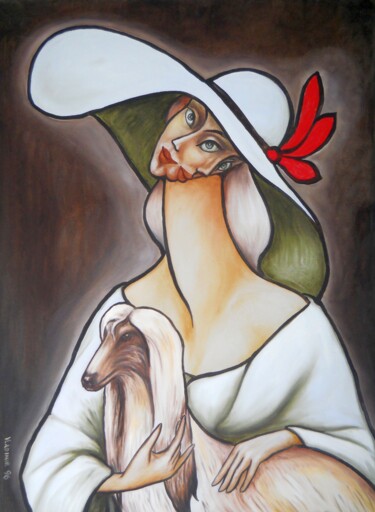 Painting titled "LADY IN WHITE WITH…" by Vladimir Pronkin, Original Artwork, Oil
