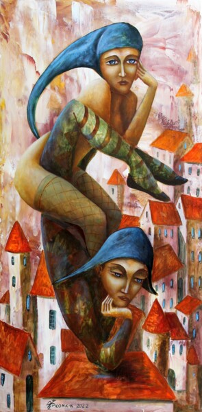 Peinture intitulée "красные крыши" par Vladimir Pronkin, Œuvre d'art originale, Huile
