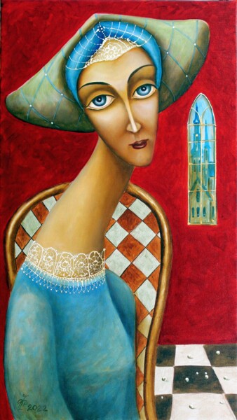 Картина под названием "Дама в красной комн…" - Vladimir Pronkin, Подлинное произведение искусства, Масло