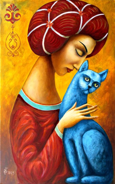 Painting titled "BLUE CAT" by Vladimir Pronkin, Original Artwork, Oil