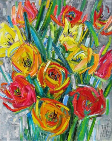 Painting titled "Tulips" by Vladimir Shahinyan, Original Artwork, Oil