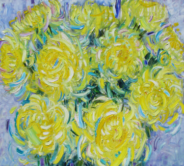Painting titled "Lemon Chrysanthemums" by Vladimir Shahinyan, Original Artwork, Oil