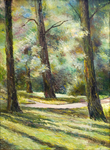 Painting titled "Pushkin Park. Пушки…" by Vladimir Volosov, Original Artwork, Oil Mounted on Wood Stretcher frame