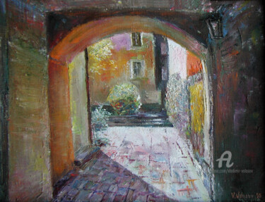 Painting titled "Courtyard in olg To…" by Vladimir Volosov, Original Artwork, Oil Mounted on Wood Stretcher frame