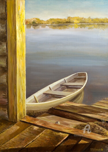 Painting titled "Evening quiet. Вече…" by Vladimir Volosov, Original Artwork, Oil Mounted on Wood Stretcher frame