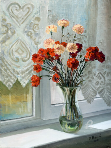Painting titled "Carnations" by Vladimir Volosov, Original Artwork, Oil Mounted on Wood Stretcher frame