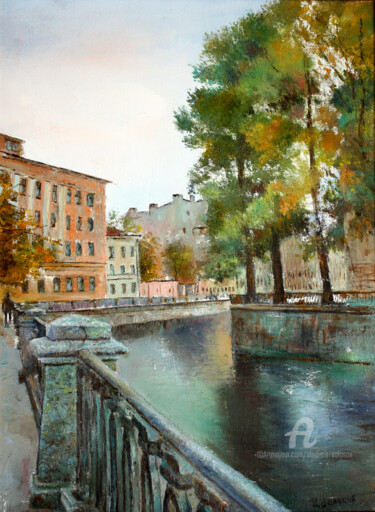 Painting titled "Griboedov Canal" by Vladimir Volosov, Original Artwork, Oil Mounted on Wood Stretcher frame