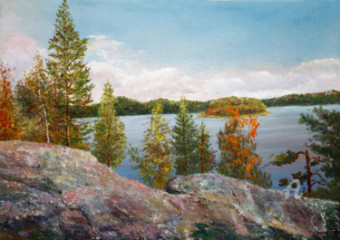 Painting titled "Karelia" by Vladimir Volosov, Original Artwork, Oil Mounted on Wood Stretcher frame