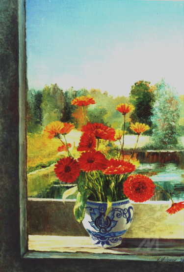 Flowers on the window Картина под названием "Flowers on the wind…" - Vladimir Volosov, Подлинное произведение искусства, Масло Установлен на Подра…