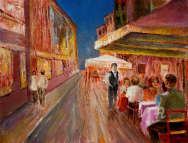 Painting titled "Parisian cafe" by Vladimir Volosov, Original Artwork, Oil Mounted on Wood Stretcher frame