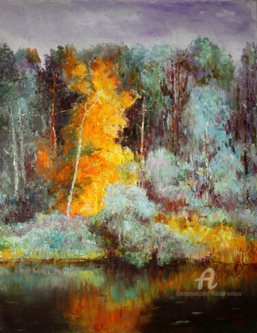 Painting titled "Golden Forest. Золо…" by Vladimir Volosov, Original Artwork, Oil Mounted on Wood Stretcher frame