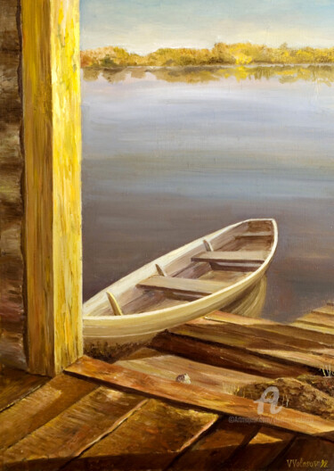 Painting titled "Evening silence" by Vladimir Volosov, Original Artwork, Oil Mounted on Wood Stretcher frame
