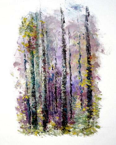 Painting titled "Lilac forest" by Vladimir Volosov, Original Artwork, Oil Mounted on Wood Stretcher frame