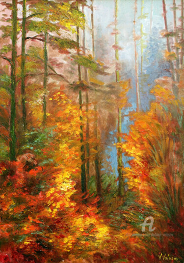 Painting titled "Landscape with red…" by Vladimir Volosov, Original Artwork, Oil