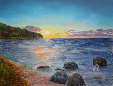 Painting titled "Evening on the ocea…" by Vladimir Volosov, Original Artwork, Oil Mounted on Wood Stretcher frame