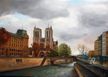 Painting titled "«Notre Dame on the…" by Vladimir Volosov, Original Artwork, Oil Mounted on Wood Stretcher frame