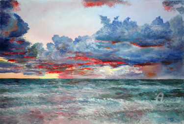 Painting titled "Evening on the ocean" by Vladimir Volosov, Original Artwork, Oil Mounted on Wood Stretcher frame