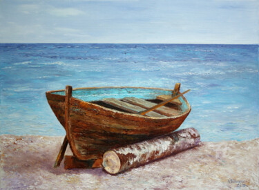 Painting titled "Old Boat...." by Vladimir Volosov, Original Artwork, Oil Mounted on Wood Stretcher frame