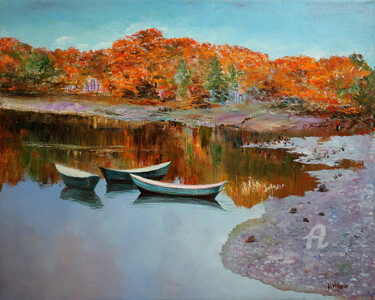 Painting titled "Golden Autumn in Ne…" by Vladimir Volosov, Original Artwork, Oil Mounted on Wood Stretcher frame