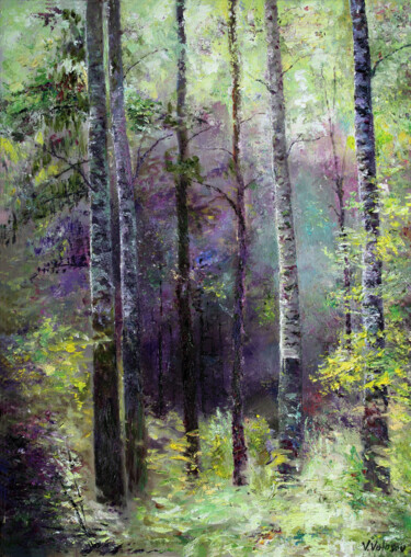 Painting titled "In Dark Forest.." by Vladimir Volosov, Original Artwork, Oil Mounted on Wood Stretcher frame