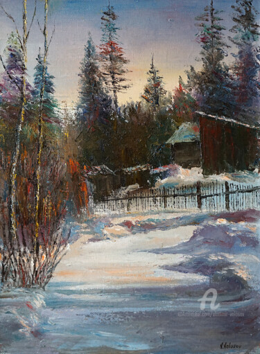 Painting titled "February.." by Vladimir Volosov, Original Artwork, Oil Mounted on Wood Stretcher frame