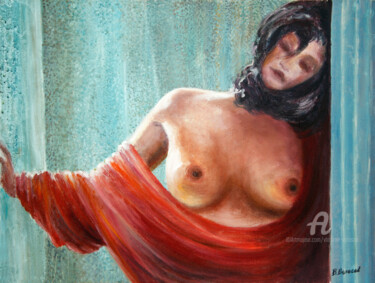 Painting titled "The irl with red ca…" by Vladimir Volosov, Original Artwork, Oil Mounted on Wood Stretcher frame