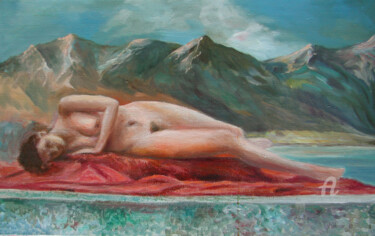 Painting titled "Maid laying on Scar…" by Vladimir Volosov, Original Artwork, Oil Mounted on Wood Stretcher frame