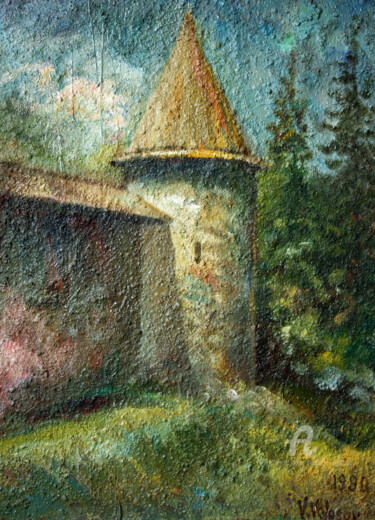 Painting titled "Old Monastery..." by Vladimir Volosov, Original Artwork, Oil Mounted on Wood Stretcher frame