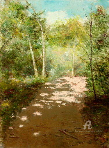 Painting titled "Shady walkway.." by Vladimir Volosov, Original Artwork, Oil Mounted on Wood Stretcher frame