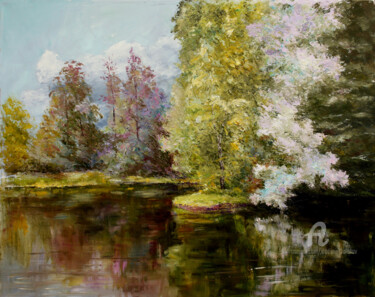 Painting titled "Forest lake...." by Vladimir Volosov, Original Artwork, Oil Mounted on Wood Stretcher frame
