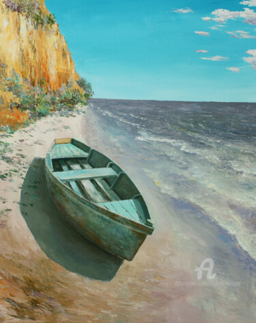 Painting titled "Boat on the beach.." by Vladimir Volosov, Original Artwork, Oil Mounted on Wood Stretcher frame