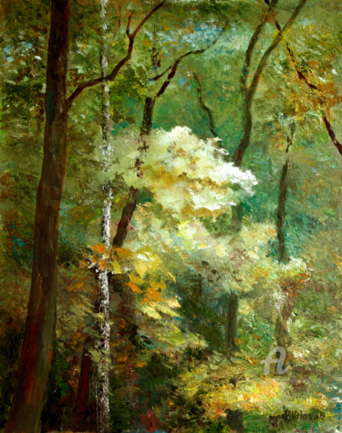 Painting titled "Dark forest" by Vladimir Volosov, Original Artwork, Oil Mounted on Wood Stretcher frame
