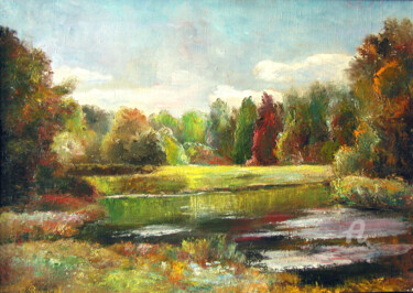 Painting titled "Sunny Glade.." by Vladimir Volosov, Original Artwork, Oil Mounted on Wood Stretcher frame
