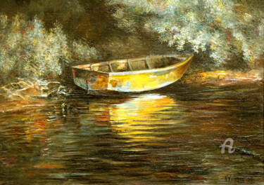 Painting titled "Very Old Boat.." by Vladimir Volosov, Original Artwork, Oil Mounted on Wood Stretcher frame