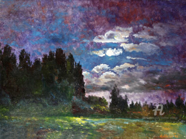 Painting titled "Moonlight night..." by Vladimir Volosov, Original Artwork, Oil Mounted on Wood Stretcher frame