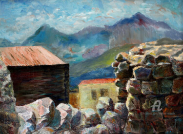 Painting titled "Mountain village." by Vladimir Volosov, Original Artwork, Oil Mounted on Wood Stretcher frame