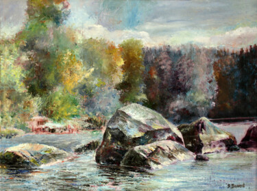Painting titled "Water and  Stones o…" by Vladimir Volosov, Original Artwork, Oil Mounted on Cardboard