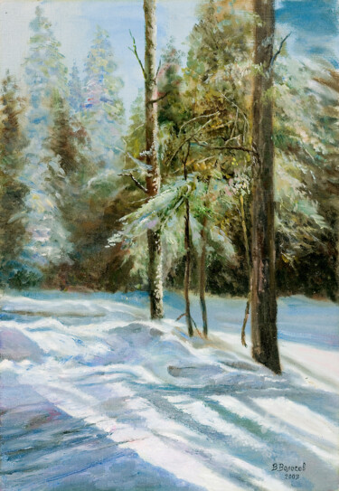 Painting titled "Winter forest." by Vladimir Volosov, Original Artwork, Oil Mounted on Wood Stretcher frame