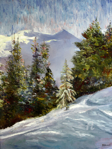 Painting titled "Winter in the mount…" by Vladimir Volosov, Original Artwork, Oil Mounted on Wood Stretcher frame